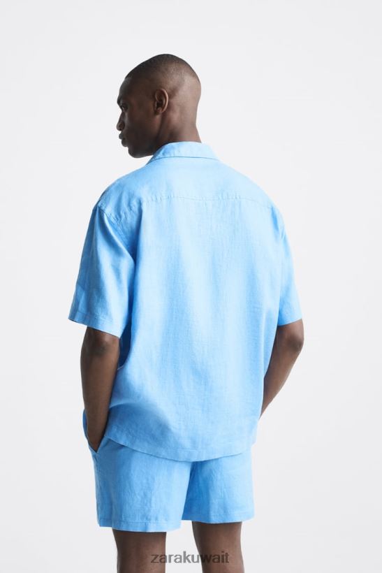 Zara قميص كتان 100% رجال مزرق ملابس 6L6LL81019