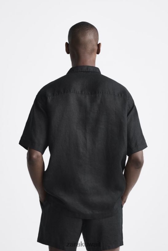 Zara قميص كتان 100% رجال أسود ملابس 6L6LL81020