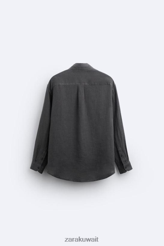 Zara قميص كتان 100% رجال أنثراسيت رمادي ملابس 6L6LL81021