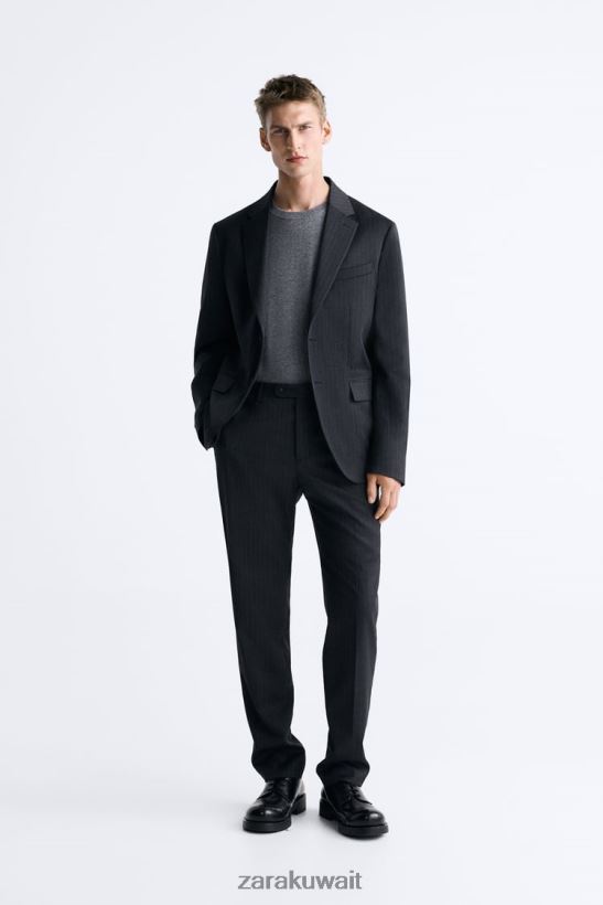 Zara سترة مقلمة من الصوف بنسبة 100% رجال أنثراسيت رمادي ملابس 6L6LL81149