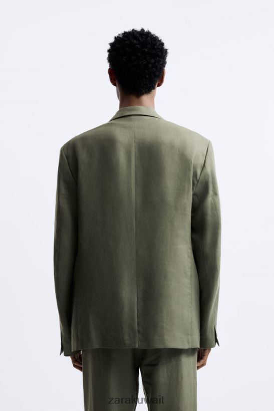 Zara سترة البدلة مصنوعة من الكتان بنسبة 100% رجال كاكي فاتح ملابس 6L6LL81154