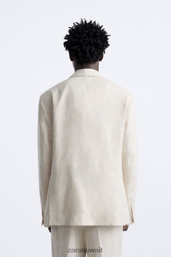 Zara سترة البدلة مصنوعة من الكتان بنسبة 100% رجال البيج الفاتح ملابس 6L6LL81156