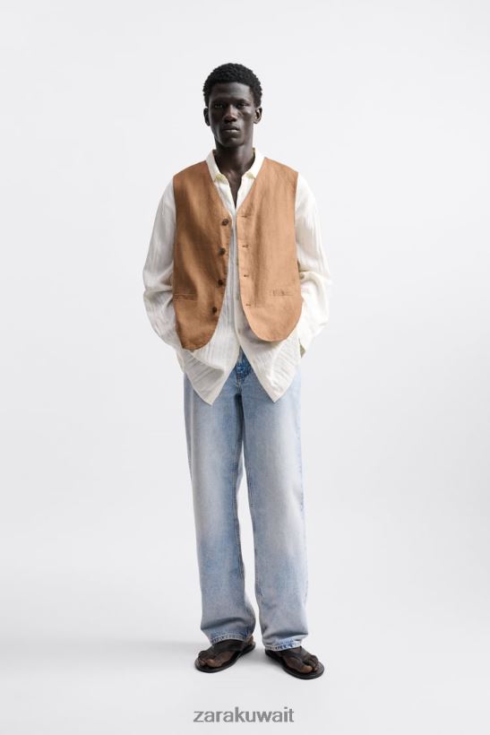 Zara صدرية من الكتان بنسبة 100% رجال الطين ملابس 6L6LL81157