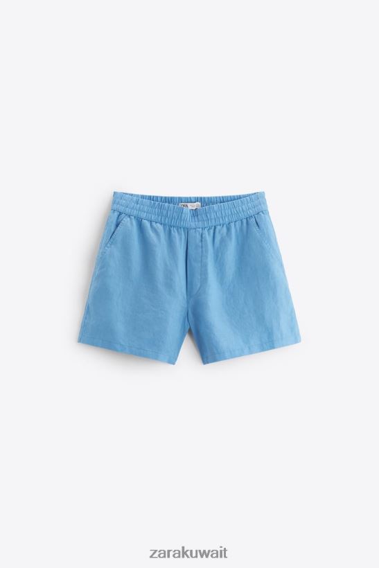 Zara شورت من الكتان بنسبة 100% رجال مزرق ملابس 6L6LL81254