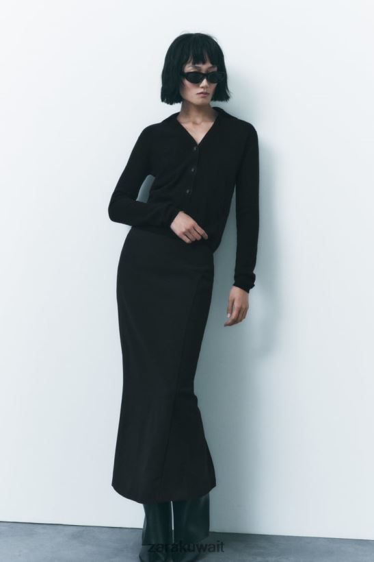 Zara سترة بولو منسوجة من الصوف بنسبة 100% نحيف أسود ملابس 6L6LL8268