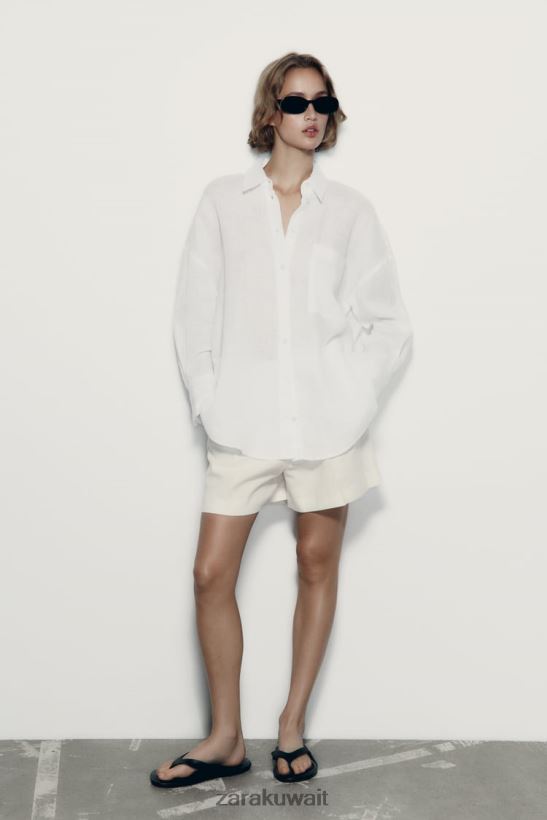 Zara قميص كتان 100% نحيف أبيض ملابس 6L6LL8303