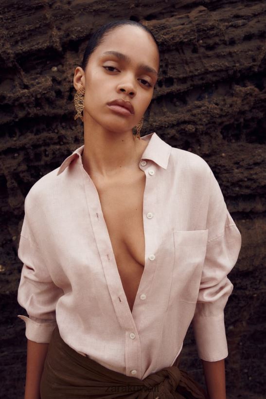 Zara قميص كتان 100% نحيف بيج/وردي ملابس 6L6LL8365