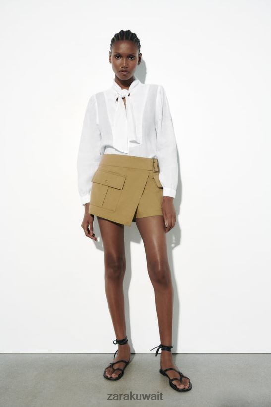 Zara قميص بفيونكة من الكتان بنسبة 100% نحيف أبيض ملابس 6L6LL8457