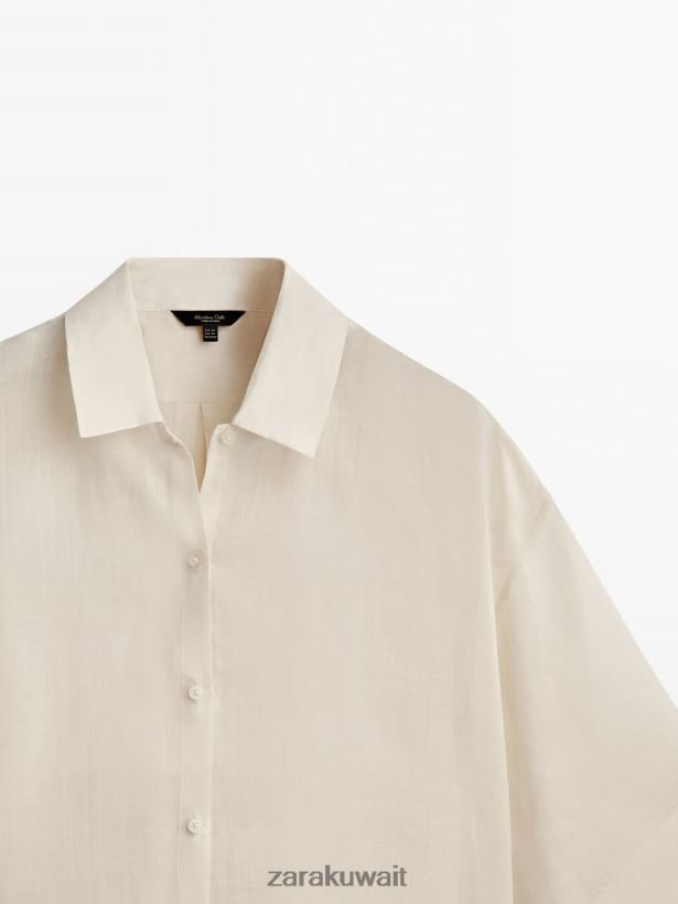 Zara قميص رامي قصير الأكمام بنسبة 100% نحيف بيج فاتح ملابس 6L6LL8863