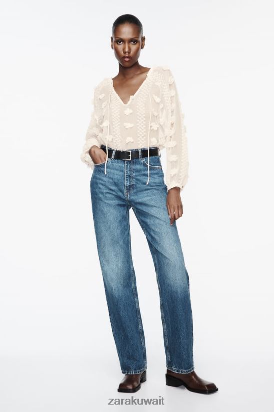 Zara قميص الأزهار 3D نحيف بيج فاتح ملابس 6L6LL8310