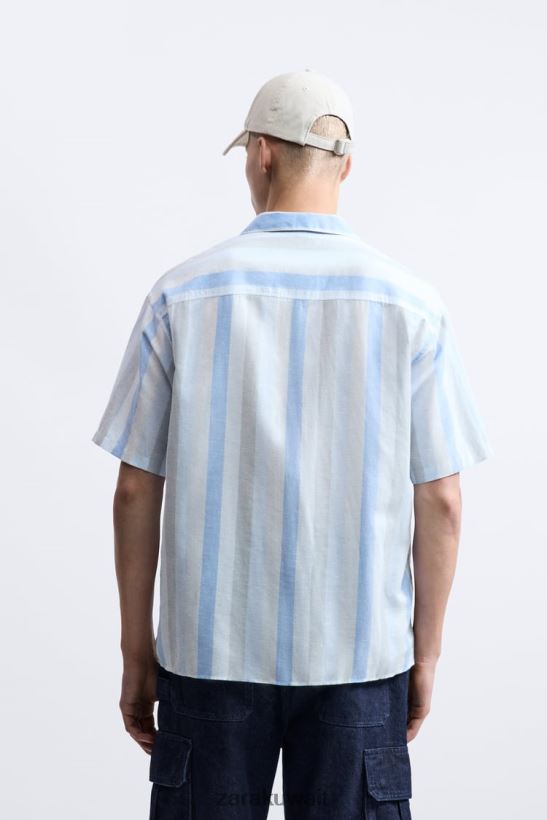 Zara قميص مخطط رجال أزرق فاتح ملابس 6L6LL81003