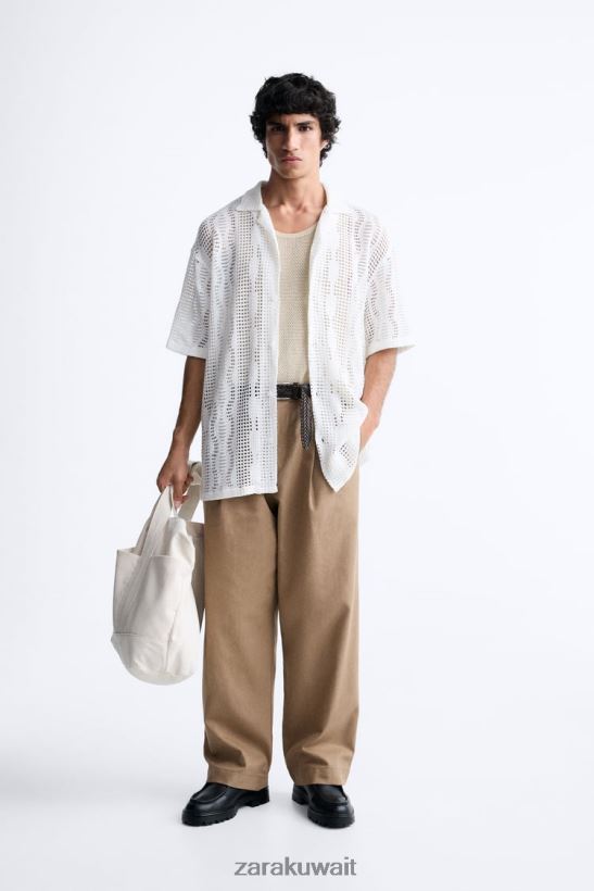 Zara قميص مزخرف بالكروشيه رجال بيج فاتح ملابس 6L6LL81005