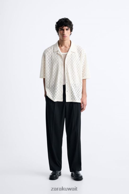 Zara قميص مزخرف بالكروشيه رجال اللون البيج ملابس 6L6LL81009