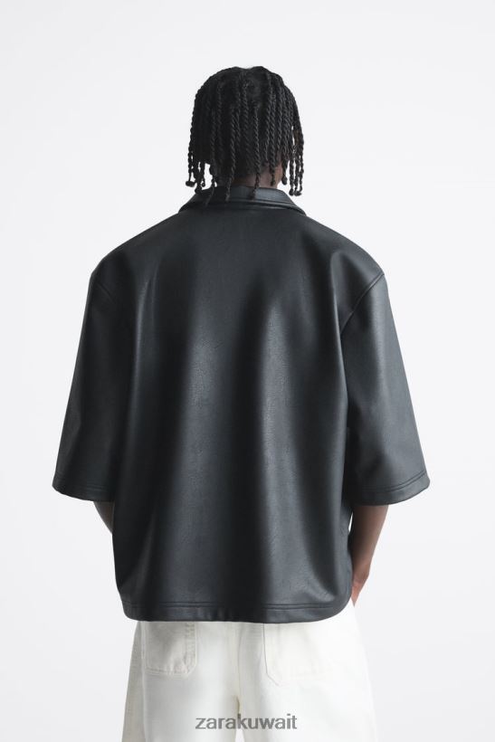 Zara جزء علوي قصير من الجلد الصناعي رجال أسود ملابس 6L6LL81017