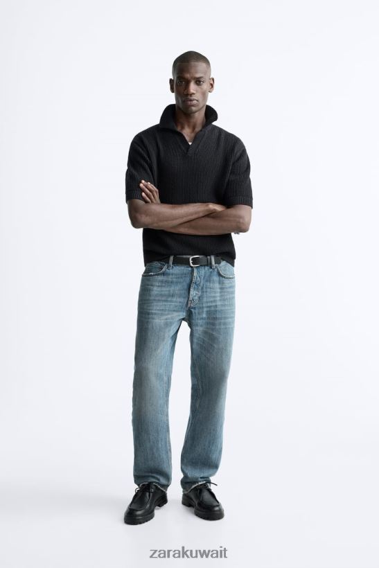 Zara بولو متماسكة رجال أسود ملابس 6L6LL81025