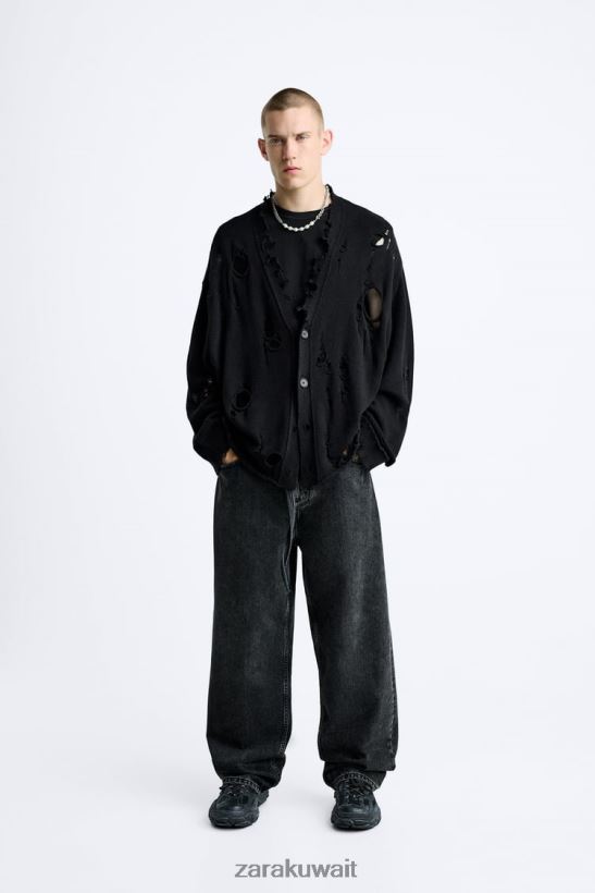 Zara سترة ممزقة رجال أسود ملابس 6L6LL81030