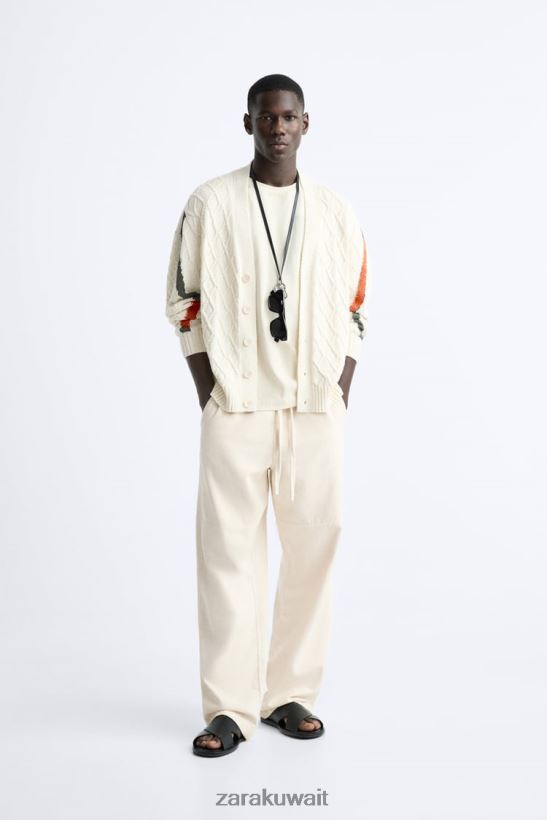 Zara سترة منسوجة ومزخرفة رجال بيج فاتح ملابس 6L6LL81042