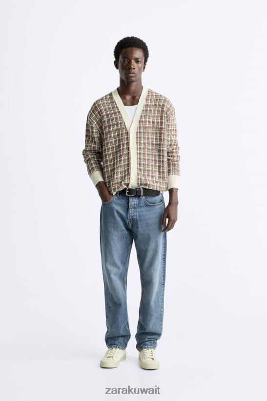 Zara سترة جاكار منقوشة رجال بيج فاتح ملابس 6L6LL81044