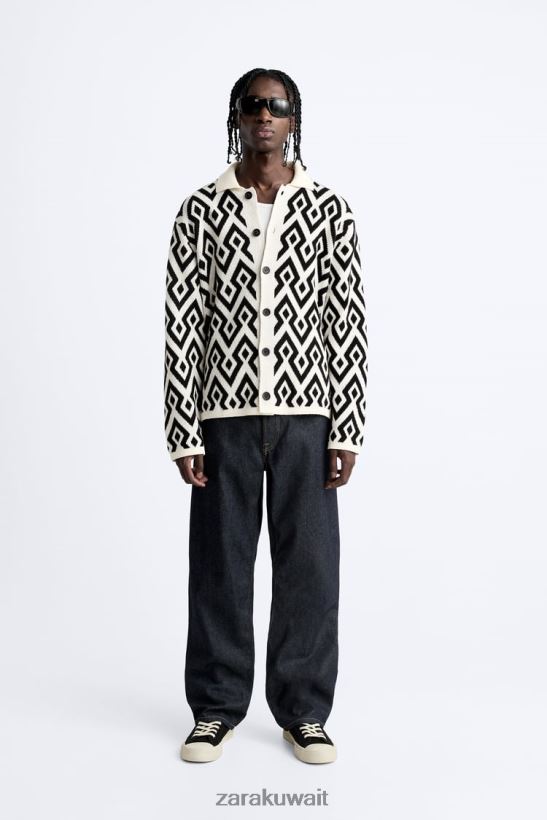 Zara سترة جاكار متماسكة هندسية رجال بيج فاتح ملابس 6L6LL81046