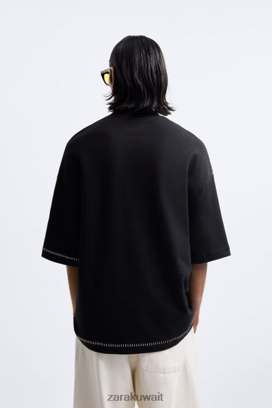 Zara كنزة بخياطة متباينة رجال أسود ملابس 6L6LL81060