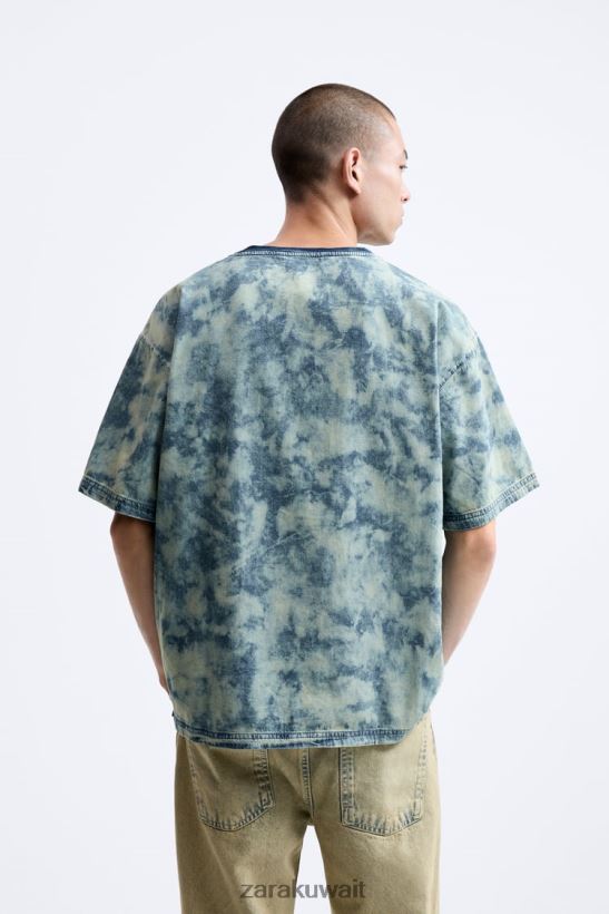 Zara تي شيرت جينز بطبعة تجريدية رجال زبرجد ملابس 6L6LL81064