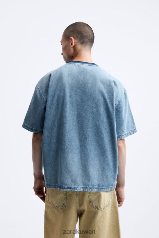 Zara تي شيرت جينز مغسول عتيق رجال أزرق ملابس 6L6LL81065
