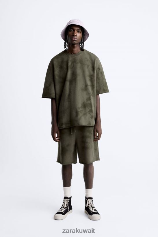 Zara سويت شيرت بطباعة مصبوغة رجال الكاكي ملابس 6L6LL81066