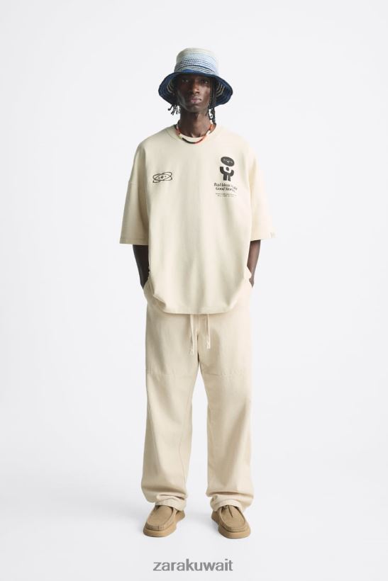 Zara سترة النص المطبوع رجال بيج فاتح ملابس 6L6LL81074