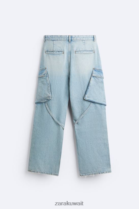 Zara جينز كارجو واسع رجال أزرق أخضر ملابس 6L6LL81102