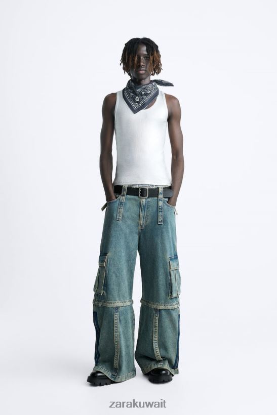 Zara جينز كارجو قابل للفصل رجال أزرق أخضر ملابس 6L6LL81103