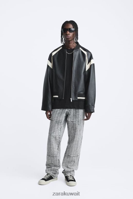 Zara سترة بومبر من الجلد الصناعي المتباين رجال أسود ملابس 6L6LL81110