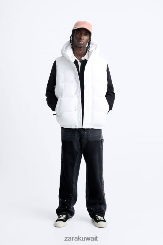 Zara سترة منتفخة مقنعين رجال أبيض ملابس 6L6LL81112