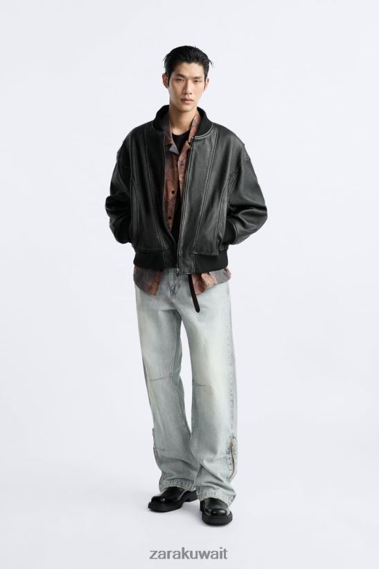 Zara سترة جلدية خمر رجال أسود ملابس 6L6LL81114