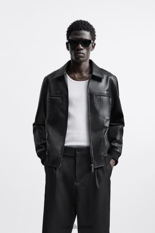 Zara سترة من الجلد الصناعي رجال أسود ملابس 6L6LL81121