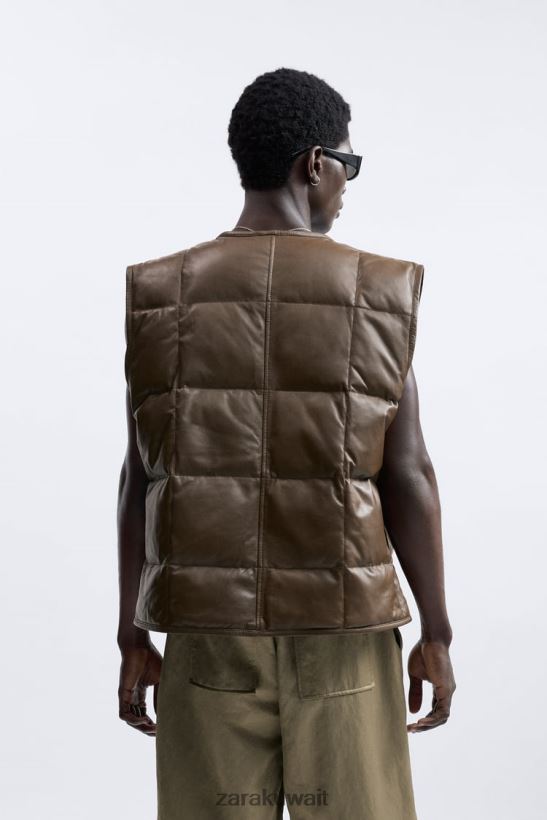 Zara سترة جلدية منتفخة طبعة محدودة رجال بني/رمادي داكن ملابس 6L6LL81127