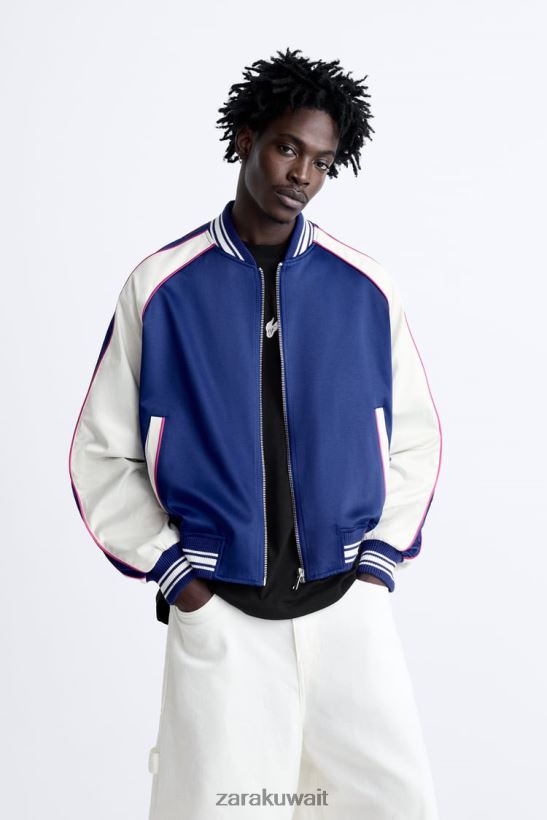 Zara سترة بتأثير الساتان ونص مطرز رجال مزرق ملابس 6L6LL81131