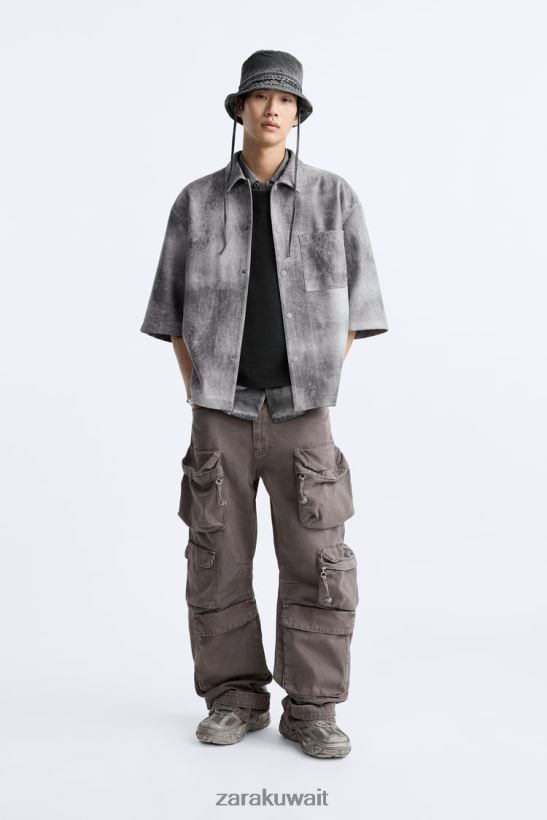 Zara قميص علوي مغسول من الجلد السويدي الصناعي رجال أنثراسيت رمادي ملابس 6L6LL81169