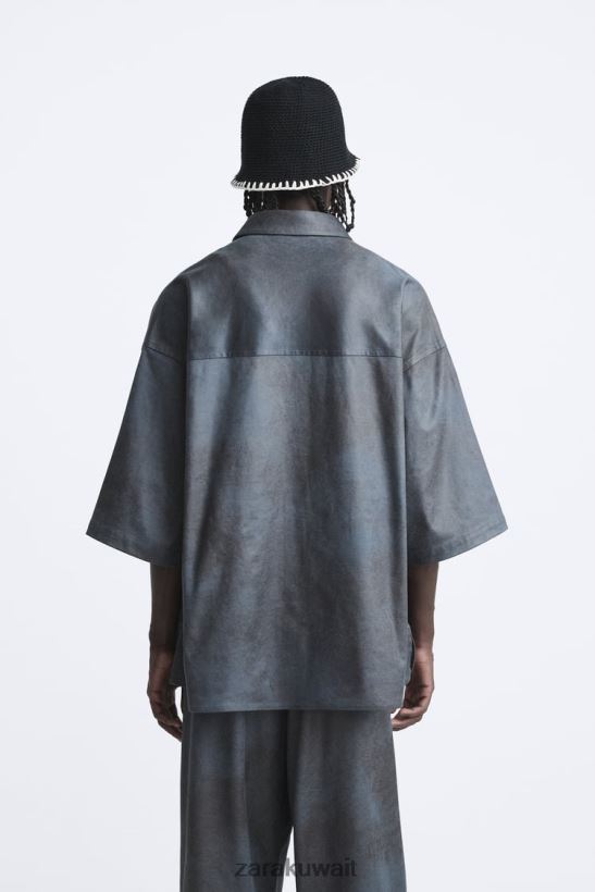 Zara قميص علوي مغسول من الجلد السويدي الصناعي رجال رمادي ملابس 6L6LL81171