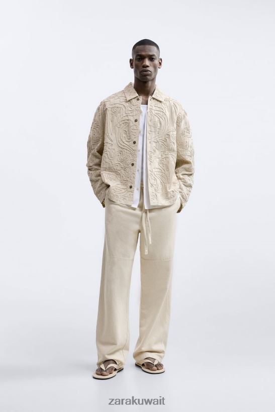 Zara قميص علوي مطرز مرتفع رجال اللون البيج ملابس 6L6LL81176