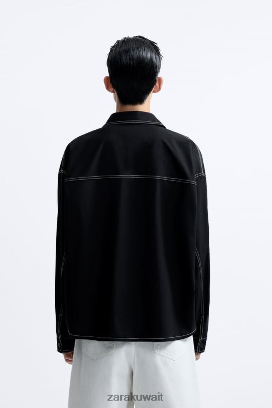 Zara قميص علوي بخياطة علوية متباينة رجال أسود ملابس 6L6LL81180