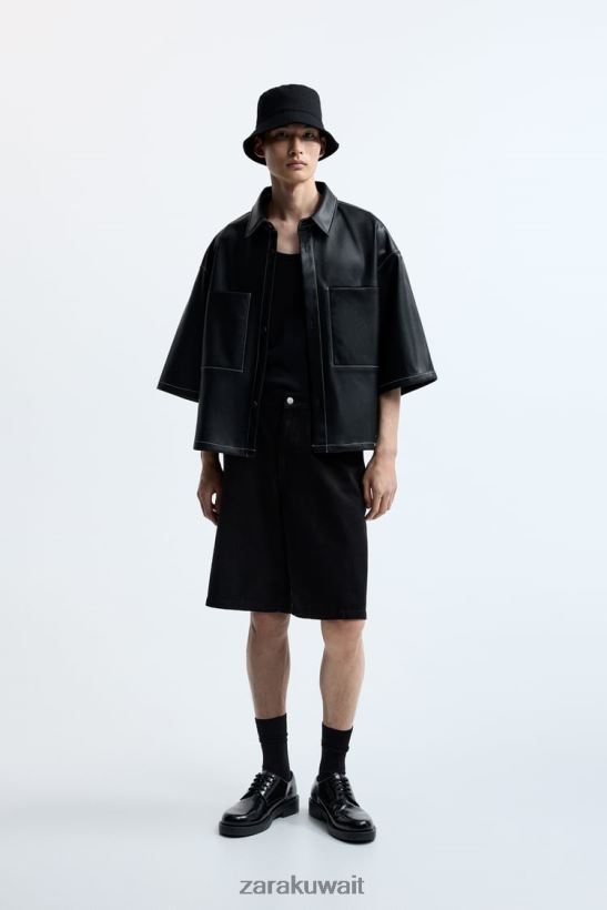 Zara قميص من الجلد الصناعي رجال أسود ملابس 6L6LL81181