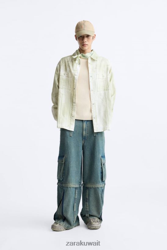 Zara قميص مطبوع بالطلاء رجال بيج فاتح/كاكي ملابس 6L6LL81190