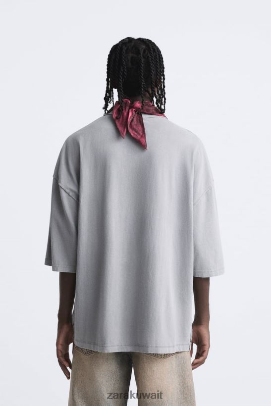 Zara تي شيرت مغسول بالألوان رجال رمادي ملابس 6L6LL81203