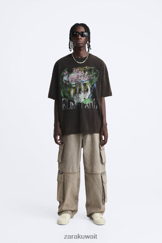 Zara تي شيرت مطبوع مغسول رجال بني ملابس 6L6LL81206