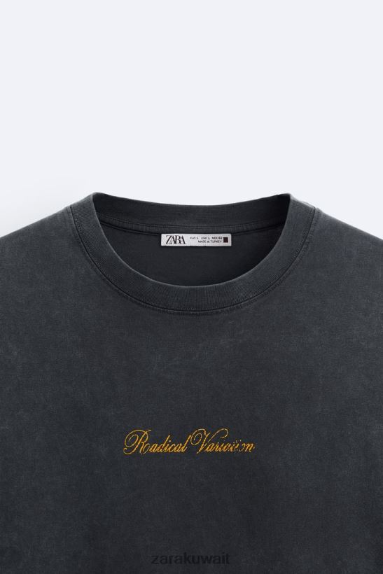 Zara تي شيرت بطبعة نص رجال أنثراسيت رمادي ملابس 6L6LL81208