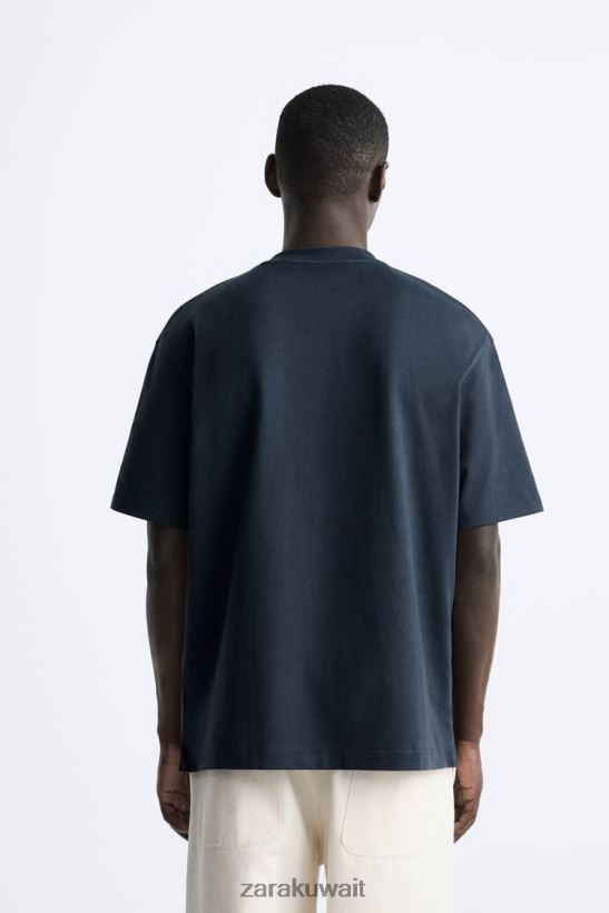 Zara تي شيرت ثقيل الوزن رجال الأزرق الداكن ملابس 6L6LL81210
