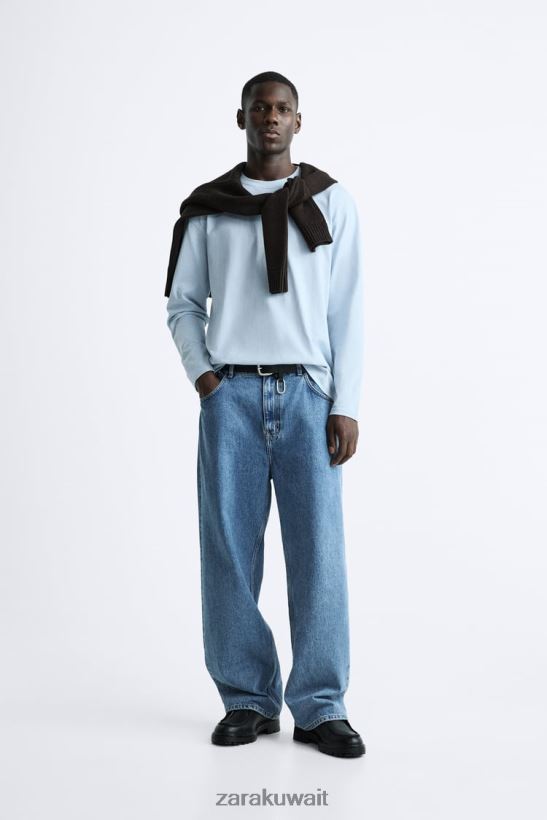 Zara تي شيرت ثقيل الوزن رجال أزرق فاتح ملابس 6L6LL81211