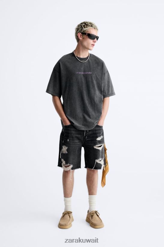 Zara تي شيرت بنص غسيل حمضي رجال تلاشى الأسود ملابس 6L6LL81214