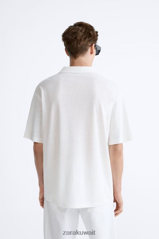 Zara بولو من مزيج القطن والكتان رجال المحار الأبيض ملابس 6L6LL81221