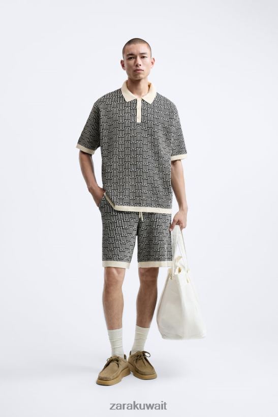 Zara سترة بولو جاكار متماسكة هندسية رجال بيج فاتح ملابس 6L6LL81225